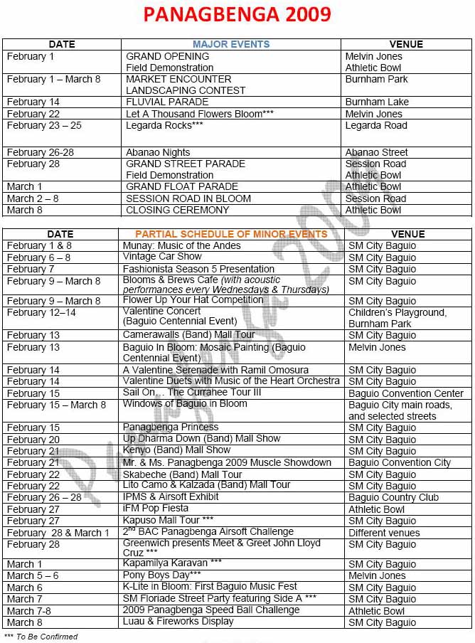 Panagbenga 2009 calendar